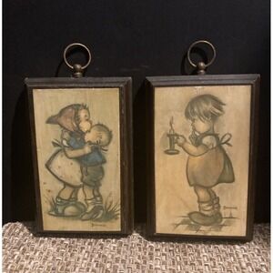 Set Of 2 Vintage 1970's "Bonnie" Hummel Style Wood Wall Plaques‎ Decoupage Decor